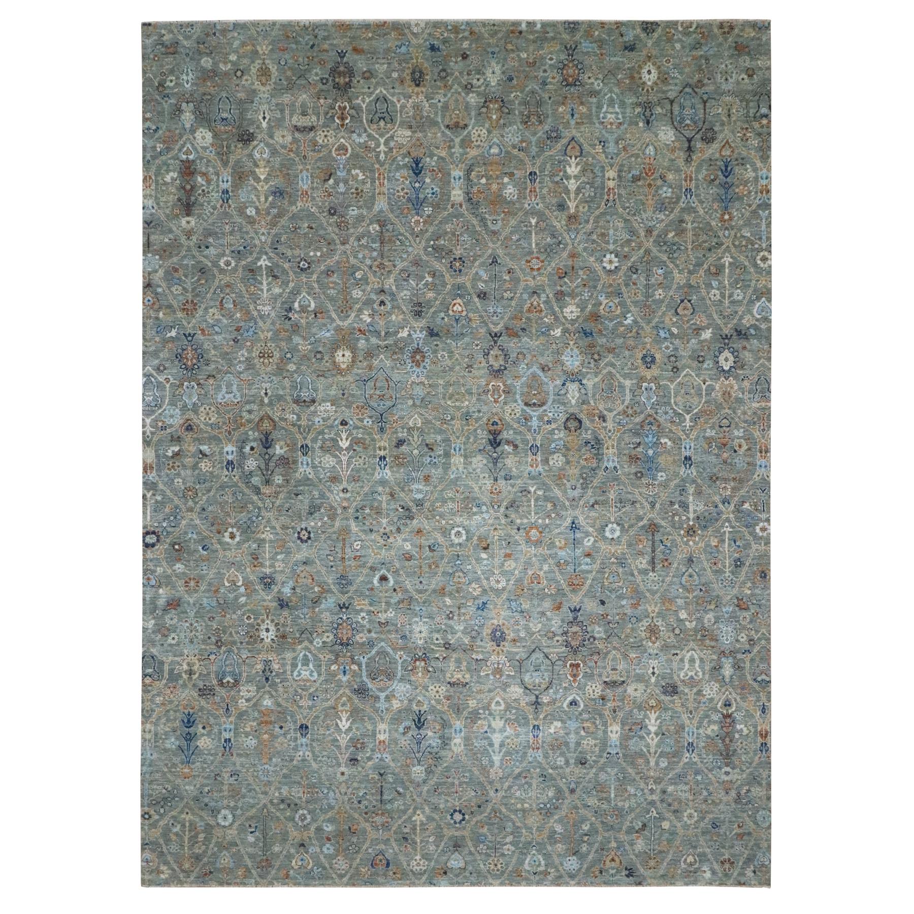 Sage Green, Hand Knotted, Trellis Borderless Garden Design, Agra, Hand Spun New Zealand Wool,
Oriental Rug